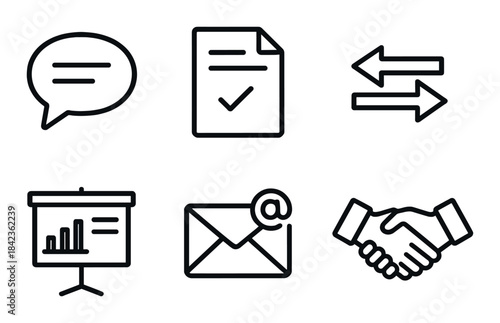 Icon set featuring communication, document, exchange, presentation, email, and handshake graphics