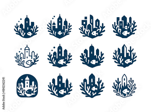 Underwater City Logos. Underwater Cities and Marine Life. Icon s