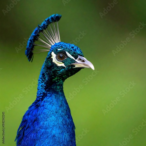 Close-up of a vibrant blue peacock head and crest against a blurred green background