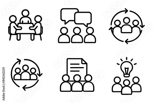 Team collaboration icons: meeting, communication, document sharing, brainstorming