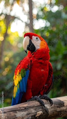 Close-up of a vibrant, colorful macaw perched on a wooden branch amidst bokeh green foliage