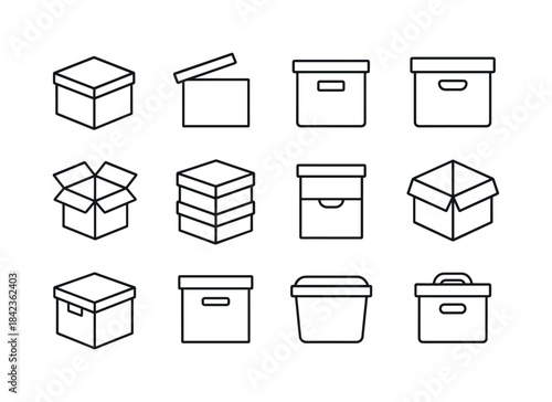 Box Icon Set. Storage boxes. Line icon set of storage boxes: clo