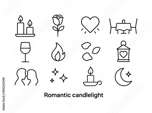 Romantic Candlelight Icons. Romantic candlelight. Line icon set