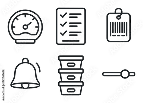 Set of dark themed icons featuring speed, checklist, barcode, bell, boxes, and slider