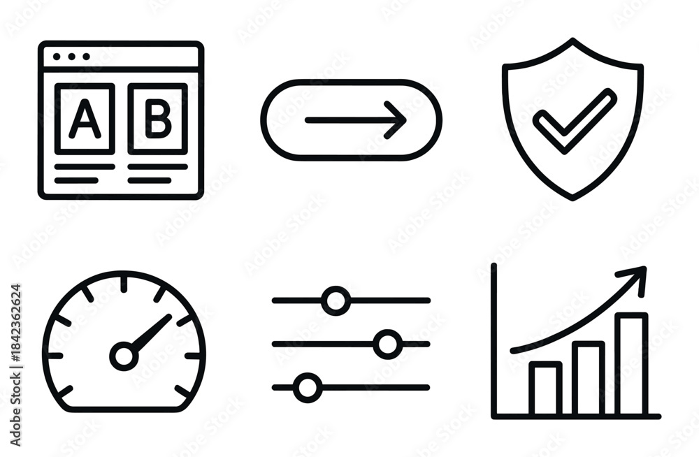 Fototapeta premium Interface icons featuring a/b testing, security shield, speedometer, and more