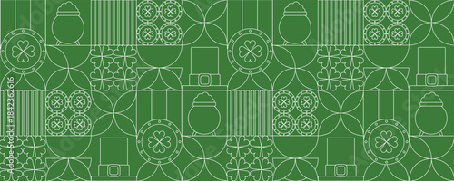 A modern, geometric St. Patrick’s Day seamless pattern featuring outlined icons of shamrocks, leprechaun hats, pots of gold, and Irish-inspired symbols.