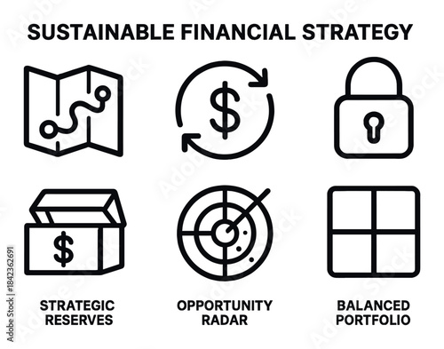 Icons depicting sustainable financial strategy with security and growth concepts