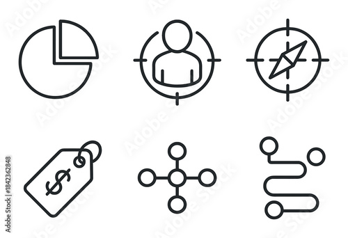 Minimalistic icon set: business, person, navigation, pricing, connection, workflow