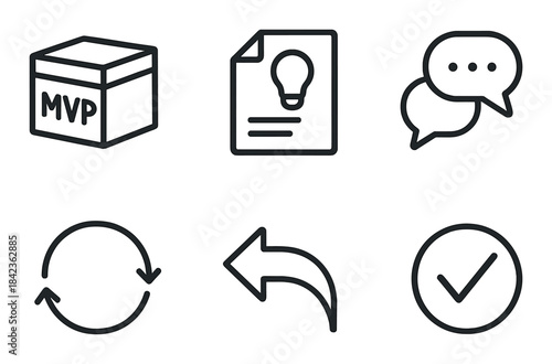 Minimalist icon set featuring mvp, ideas, communication, updates, navigation, and confirmation