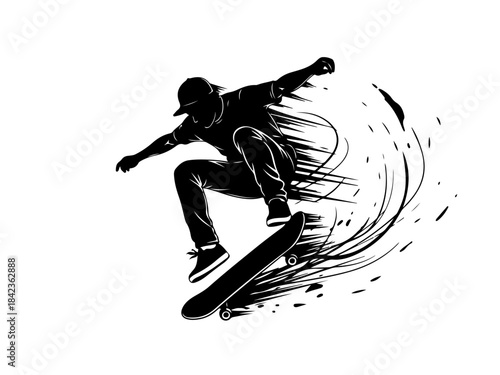 Dynamic silhouette of a skateboarder performing a trick mid-air with abstract motion lines.