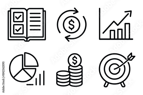 Financial growth icon set: charts, target, currency, and book symbols
