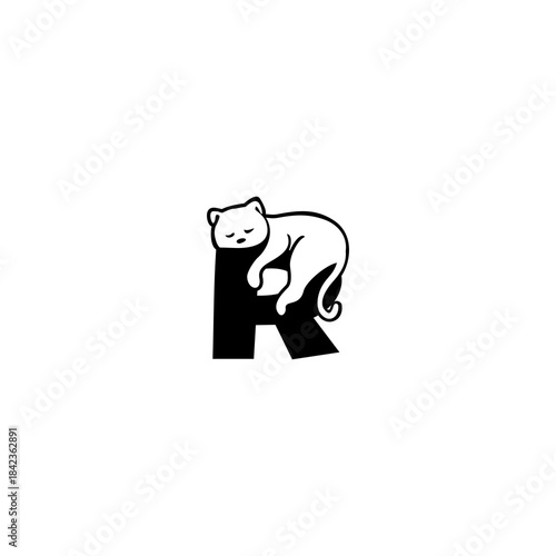 Cute relaxed cat resting over a stylized alphabet shape. Perfect for pet brands, cat stores, animal shelters, and playful modern identity.