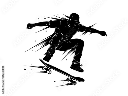 Silhouette of a skateboarder performing a trick in mid-air with dynamic motion lines.