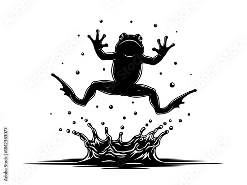 A black silhouette of a frog leaping out of a water splash with small droplets in the air.