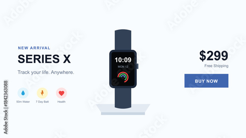 Series x smartwatch advertisement with tracking features and free shipping offer to track life anywhere