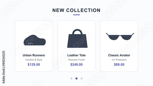 New collection display with urban runners, leather tote, and classic aviator sunglasses on white background