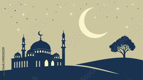 Silhouetted mosque under moonlit sky