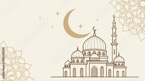 Illuminated mosque under crescent moon