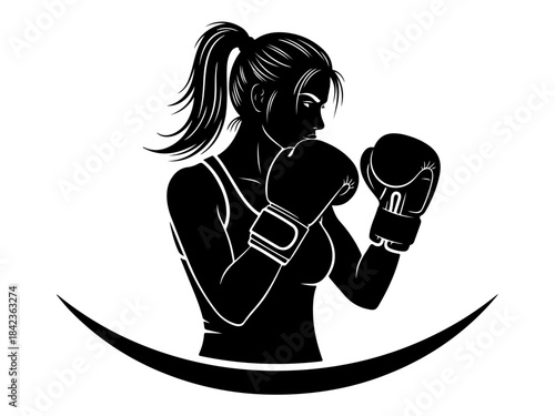 Silhouette of a female boxer in a fighting stance with boxing gloves on, ready for a match.