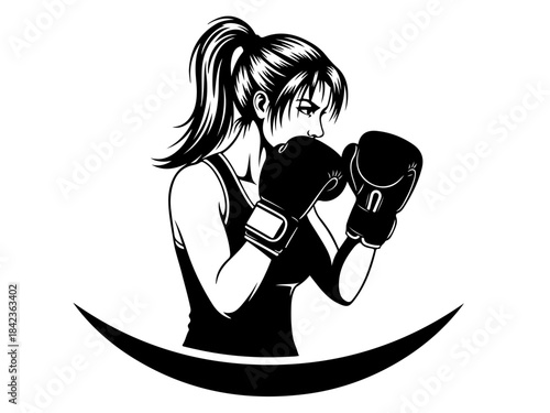 A black and white illustration of a female boxer in a fighting stance, wearing boxing gloves and a ponytail.