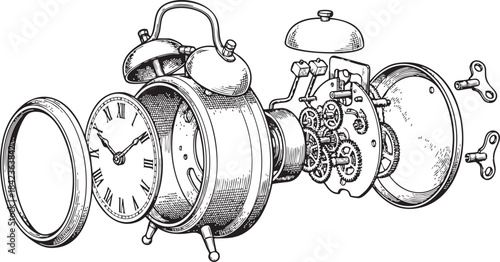 Exploded View Engraving of Vintage Alarm Clock Mechanism Vector