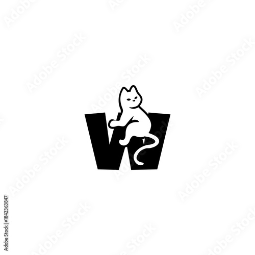 Cute relaxed cat resting over a stylized alphabet shape. Perfect for pet brands, cat stores, animal shelters, and playful modern identity.
