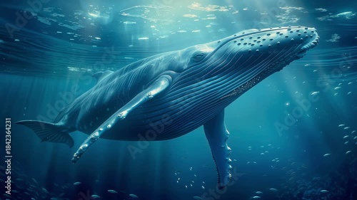 Majestic blue whale swimming underwater in deep ocean sunlight