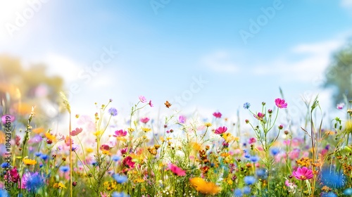 Fototapeta Naklejka Na Ścianę i Meble -  Vibrant wildflower meadow bathed in warm sunlight a peaceful serene summer landscape vista