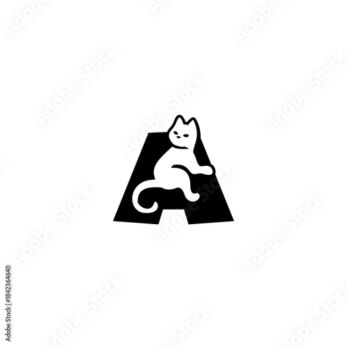 Cute relaxed cat resting over a stylized alphabet shape. Perfect for pet brands, cat stores, animal shelters, and playful modern identity.