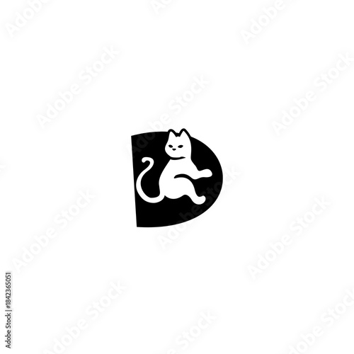 Cute relaxed cat resting over a stylized alphabet shape. Perfect for pet brands, cat stores, animal shelters, and playful modern identity.