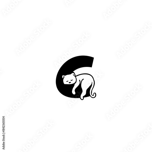 Cute relaxed cat resting over a stylized alphabet shape. Perfect for pet brands, cat stores, animal shelters, and playful modern identity.