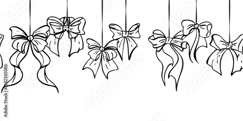 Cute bows and tied ribbons with elegant curving tails hanging on strings repeating in romantic line ornament. Hand drawn ink vector seamless banner. Wrapping header, festive border, printable decor.