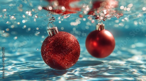 Red Christmas ornaments floating on a blue water background with copy space for text. Ideal for New Year cards, pool party banners, and festive social media designs.