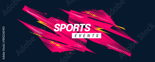 Dynamic Sports Background with Abstract Pink Brush Strokes, Energetic Yellow Streaks and Halftone Pattern