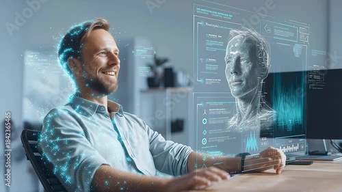 Man Using Futuristic Holographic Interface in Modern Office