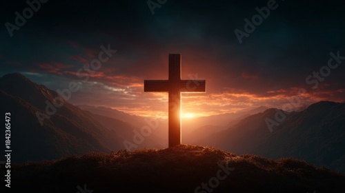 A silhouette of a cross on a hill against a vibrant sunset sky, symbolizing faith and hope