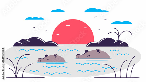 Sunset over calm waters with hippos