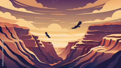 Birds soaring over canyon at sunset