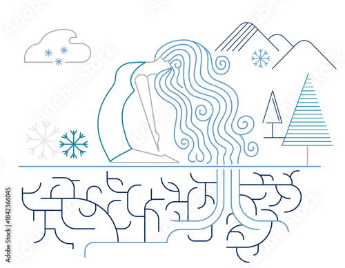 Winter yoga woman with roots, mountains and snowflakes