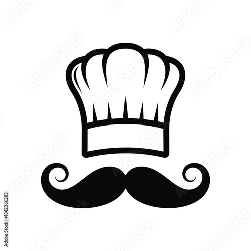 Illustration of a black and white illustration of a chefs hat and mustache on a