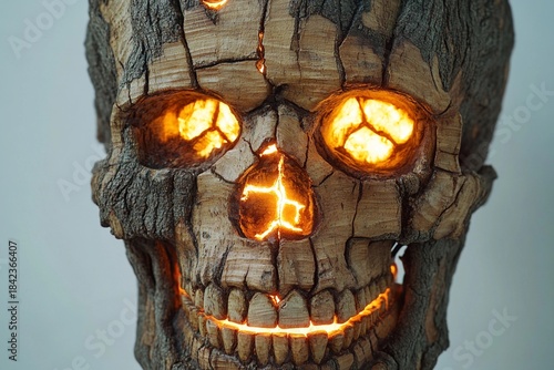 Fototapeta Naklejka Na Ścianę i Meble -  Wooden skull with glowing cracks revealing sunlight in creative display