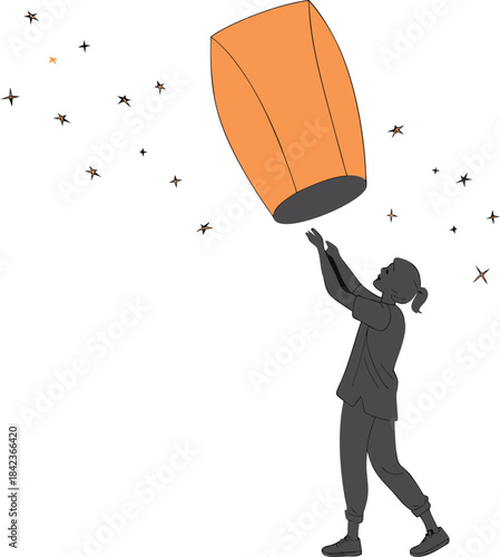 Silhouette of a person releasing a sky lantern at night vector illustration EPS file download.
