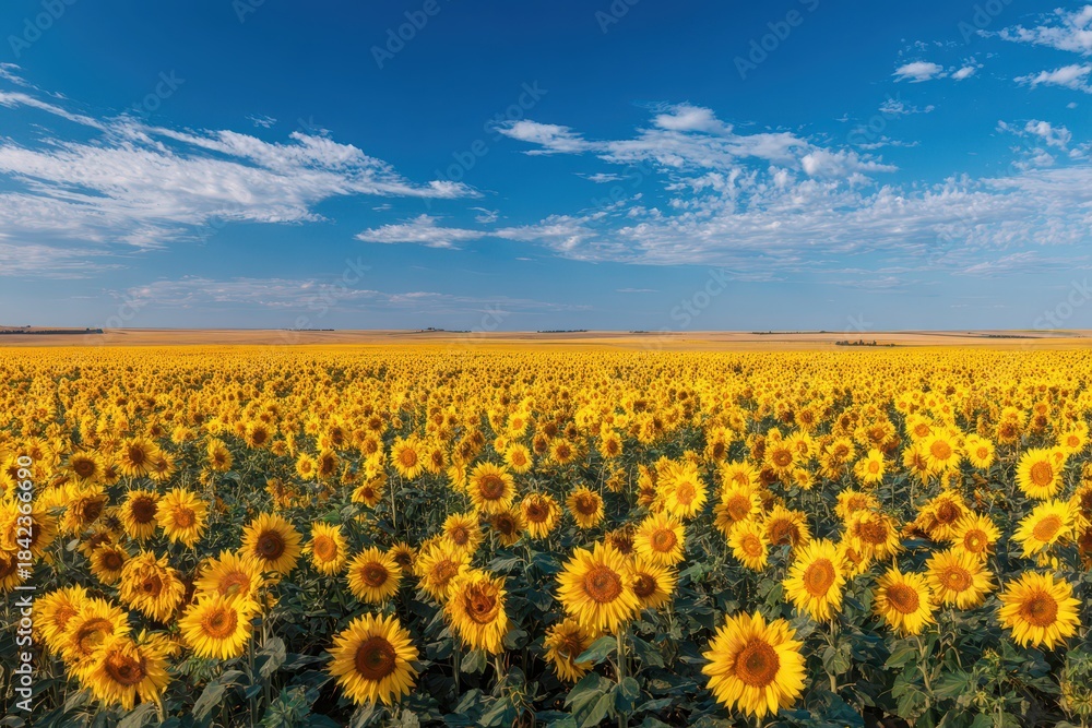 Obraz premium Golden sunflowers stretching across a rural field bathed in warm sunlight