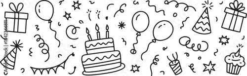 Birthday doodle icon element.  Hand drawn doodle. Sketch of Birthday decoration, gift box, cake, party hats in sketch style. Hand drawn vector illustration isolated on white background.