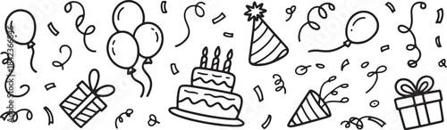 Birthday doodle icon element.  Hand drawn doodle. Sketch of Birthday decoration, gift box, cake, party hats in sketch style. Hand drawn vector illustration isolated on white background.