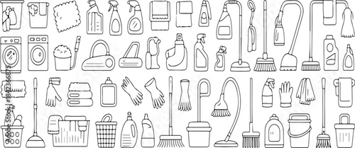 Vector Cleaning line icons. Washing machine, Housekeeping service and Maid cleaner equipment. Window cleaning, Wipe off, laundry washing machine.