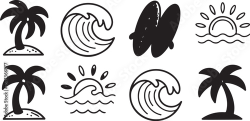 Beach sunset icon set with tropical elements and summer symbols