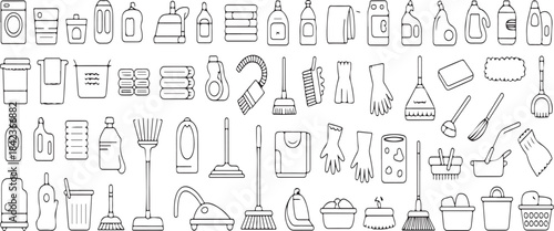 Vector Cleaning line icons. Washing machine, Housekeeping service and Maid cleaner equipment. Window cleaning, Wipe off, laundry washing machine.
