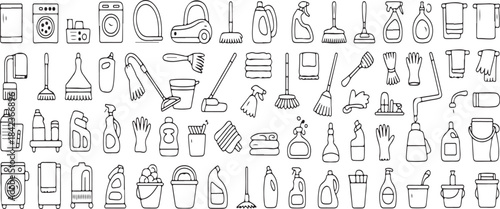 Vector Cleaning line icons. Washing machine, Housekeeping service and Maid cleaner equipment. Window cleaning, Wipe off, laundry washing machine.