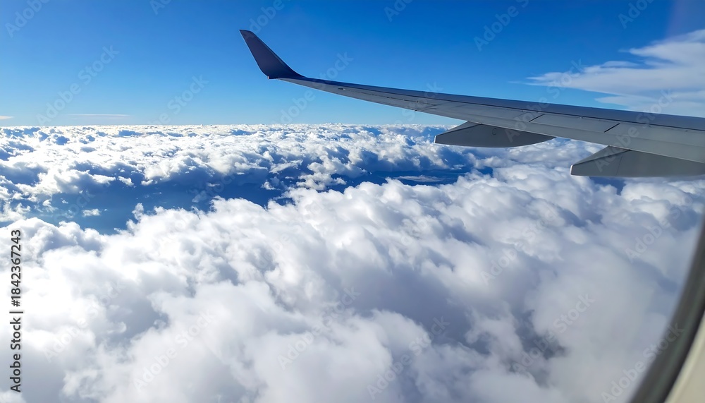 Fototapeta premium View from an airplane window, showing a wing against a bright blue sky filled with fluffy white clouds